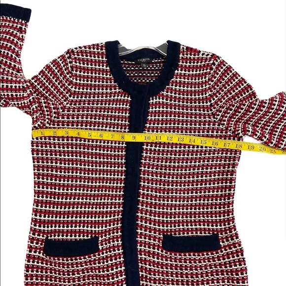 Talbots Blazer Style Cardigan Size M Petite Red, Blue and White Classic Chunky - Picture 7 of 11
